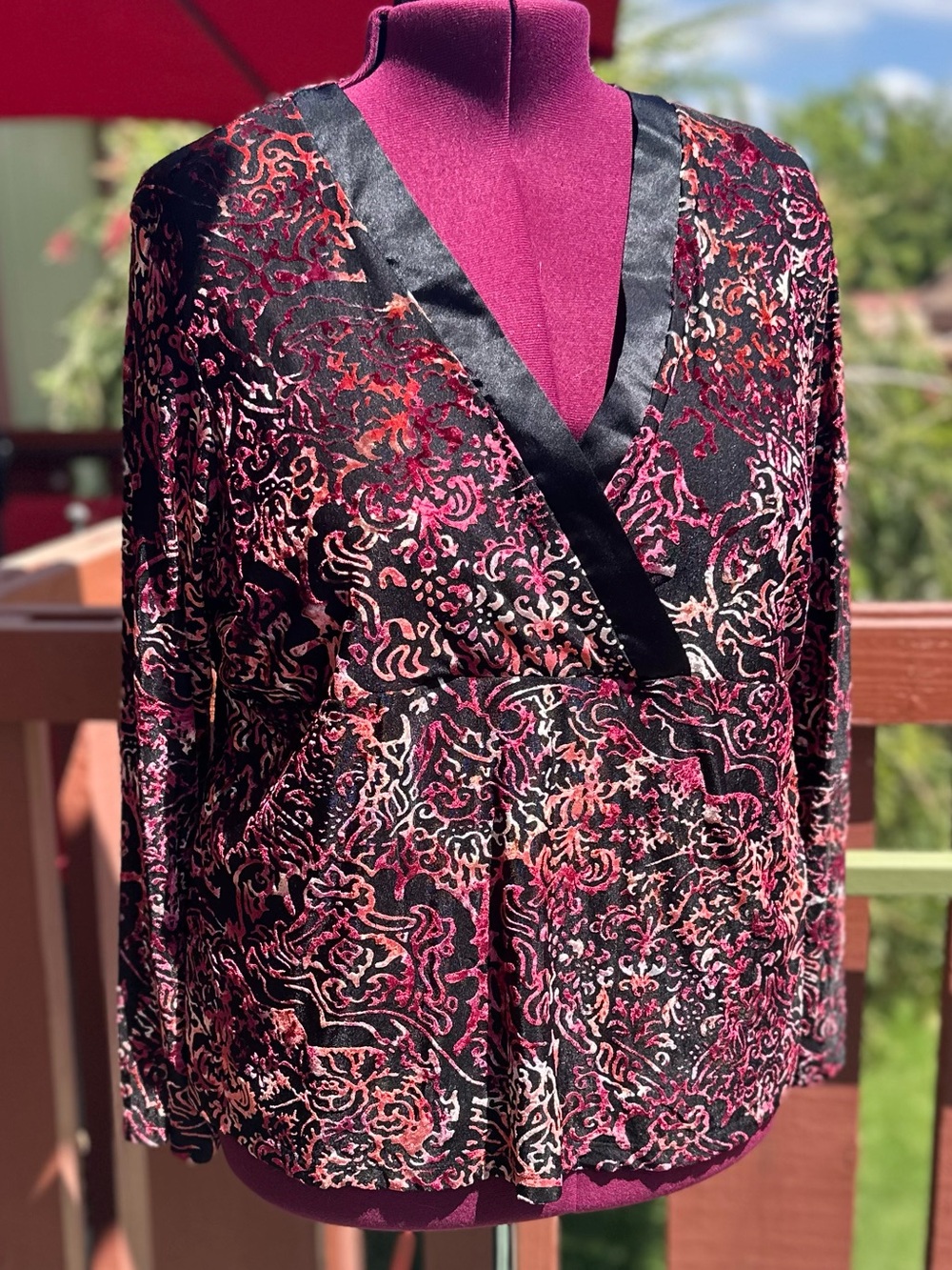 Vintage Venezia Black Velvet Burnout Surplice Top with Burgundy and Pink Accents